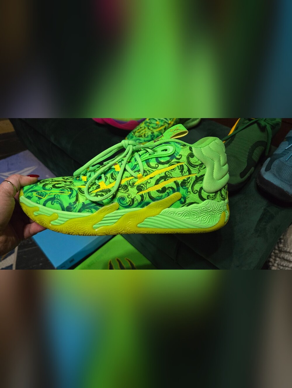 Puma Mens MELO Neon Green and Yellow Patterned BASKETBALL Sneakers